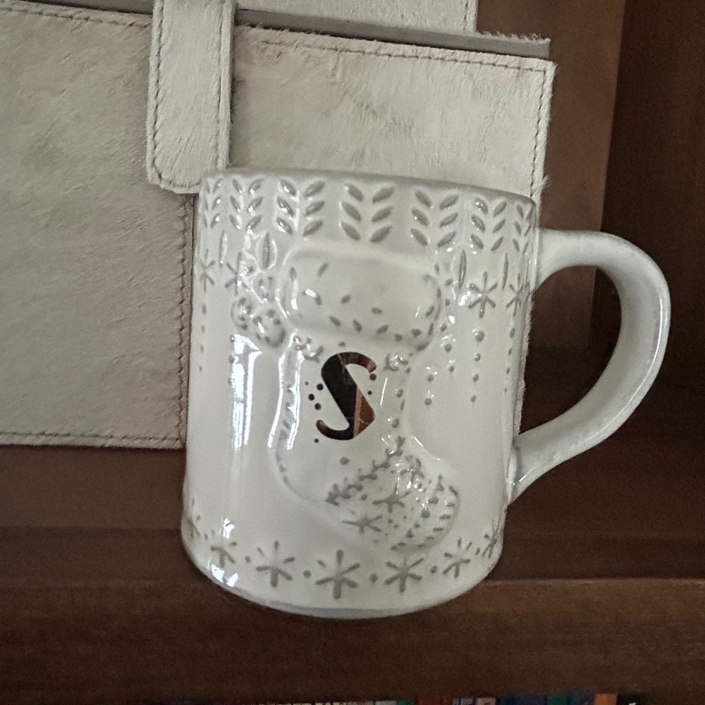 ANTHROPOLOGIE WHITE STOCKING  "S" MUG CUP COFFEE TEA Monogram